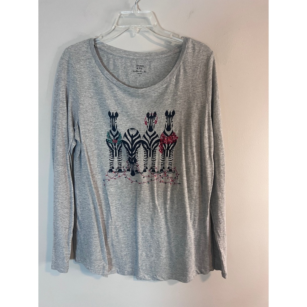 Crown & Ivy Womens Gray Christmas Zebra Sequin Long Sleeve Graphic Tee Large